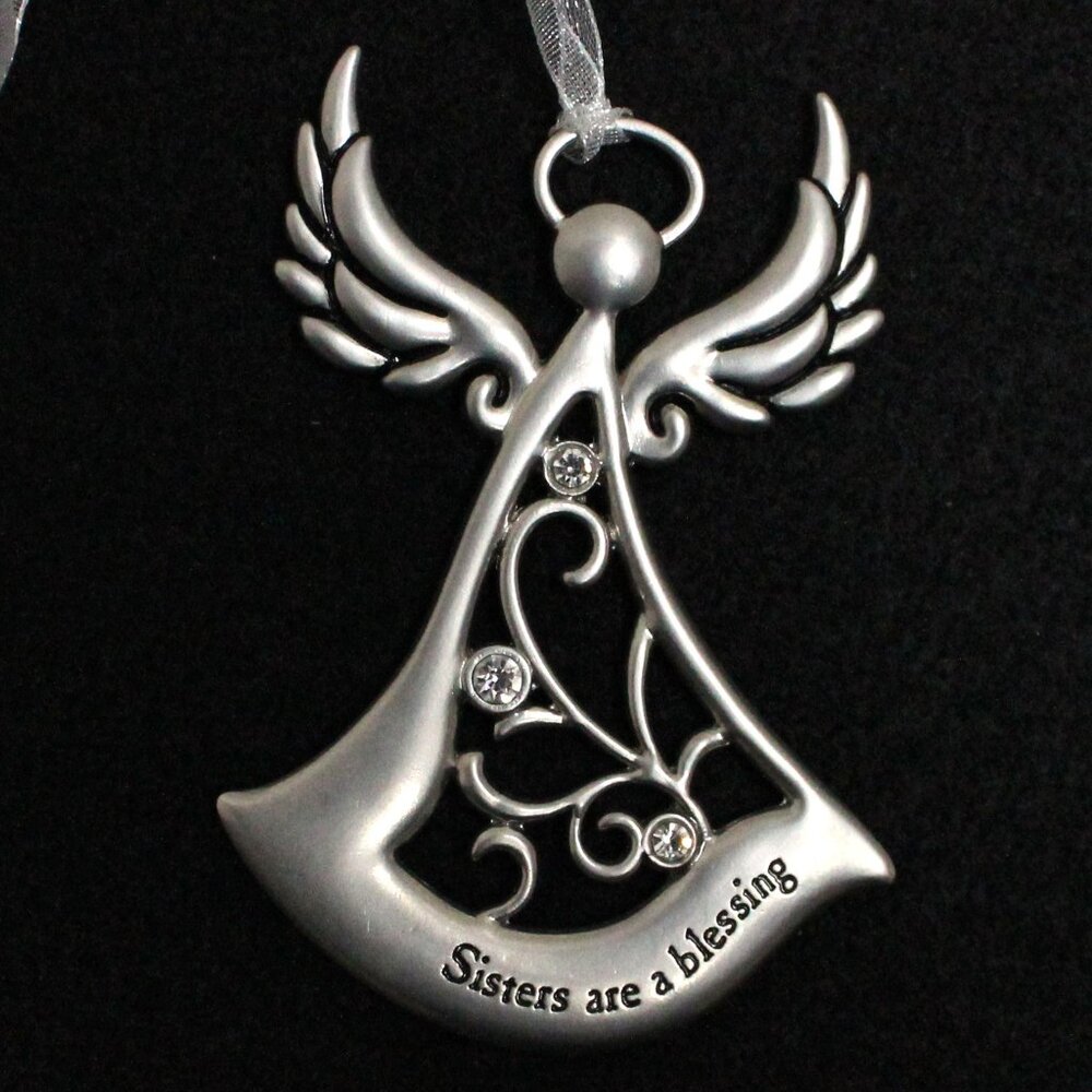 Sisters Are a Blessing Silver Tone Angel Ornament With Clear Stones
